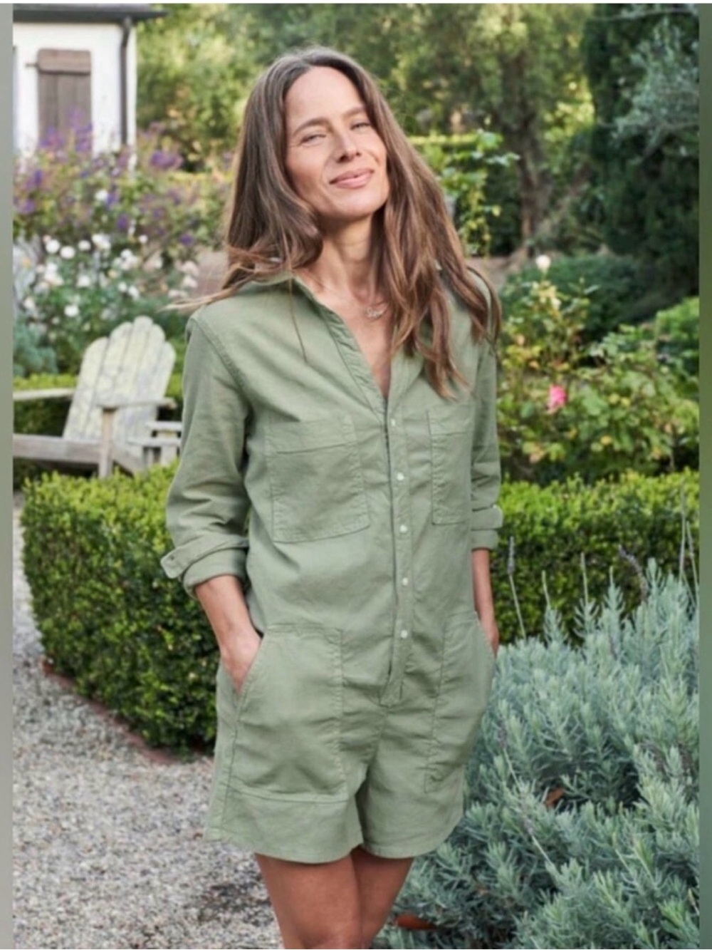 Frank & Eileen Ireland Playsuit Sage Green Linen Long Sleeve Romper Medium